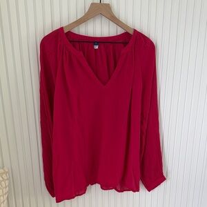 Women’s V-Neck Long Sleeve Cotton Blouse - Berry Pink